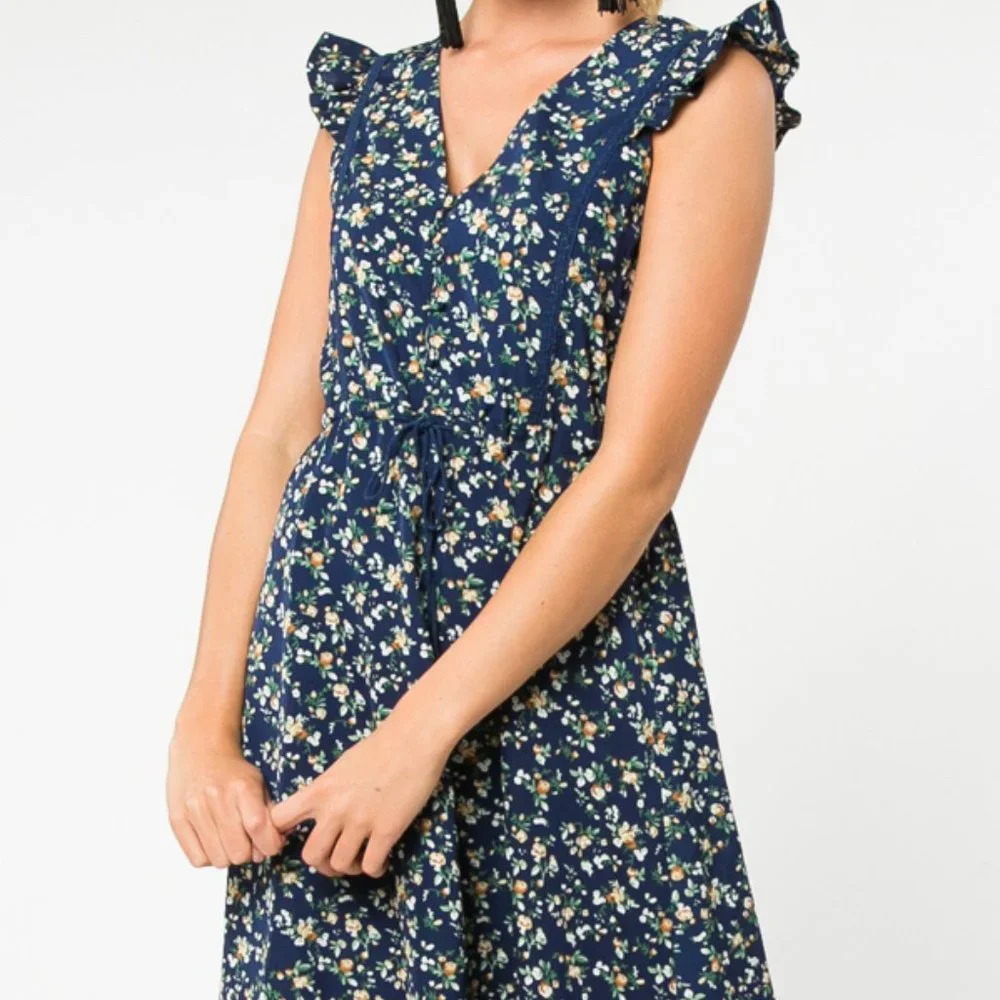 Navy Blue Floral Fit and Flare Dress - Picture 4 of 4